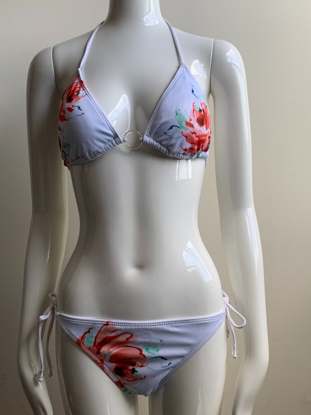 Guess white floral print triangle top tie side bikini
